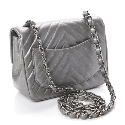 Chanel Metallic Caviar Chevron Quilted Mini Square Flap Silver 3 of 11