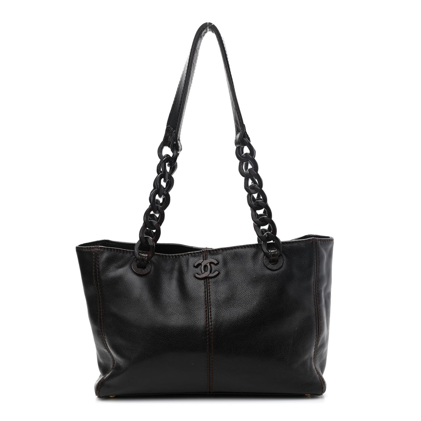 Calfskin Wood Chain Tote Black
