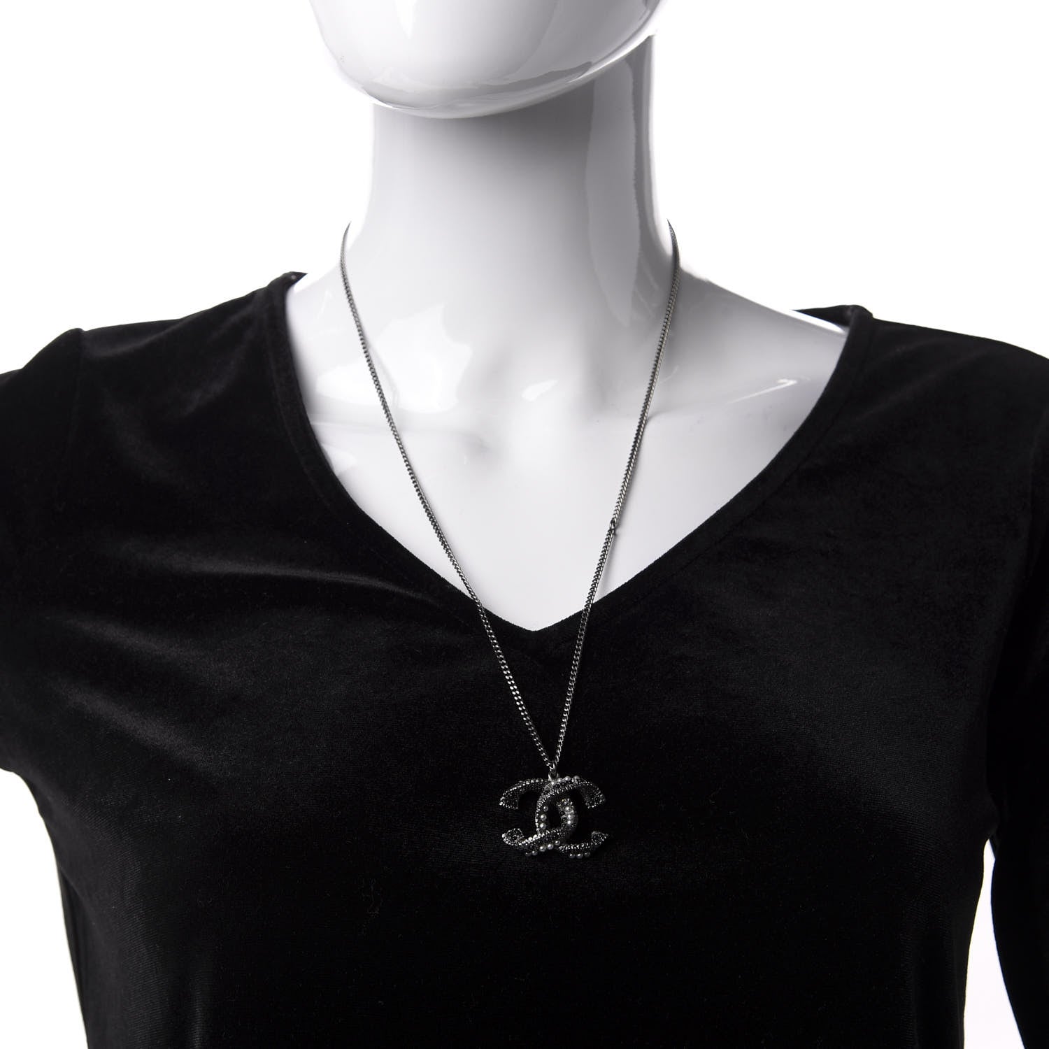 Chanel Crystal Pearl Twisted CC Necklace Silver Black 2 of 6
