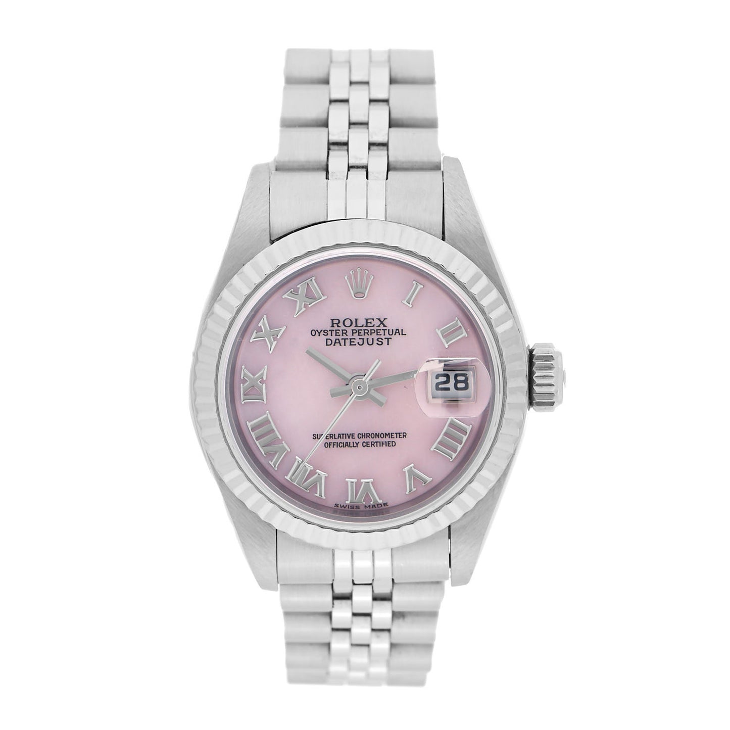 Stainless Steel 18K White Gold Mother of Pearl 26mm Oyster Perpetual Datejust Watch Pink Roman 79174