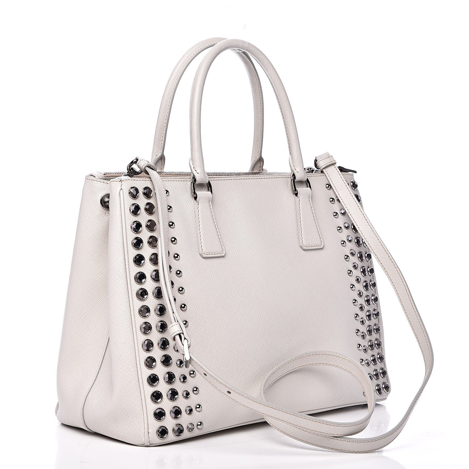 Prada Saffiano Lux Studded Crystal Medium Galleria Double Zip Tote Talco 2 of 14