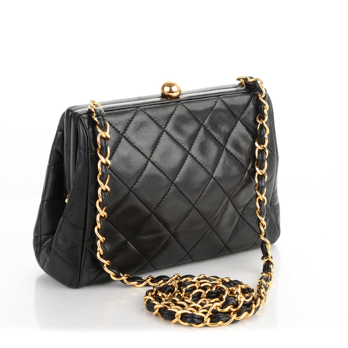 Lambskin Quilted Framed Evening Bag Black