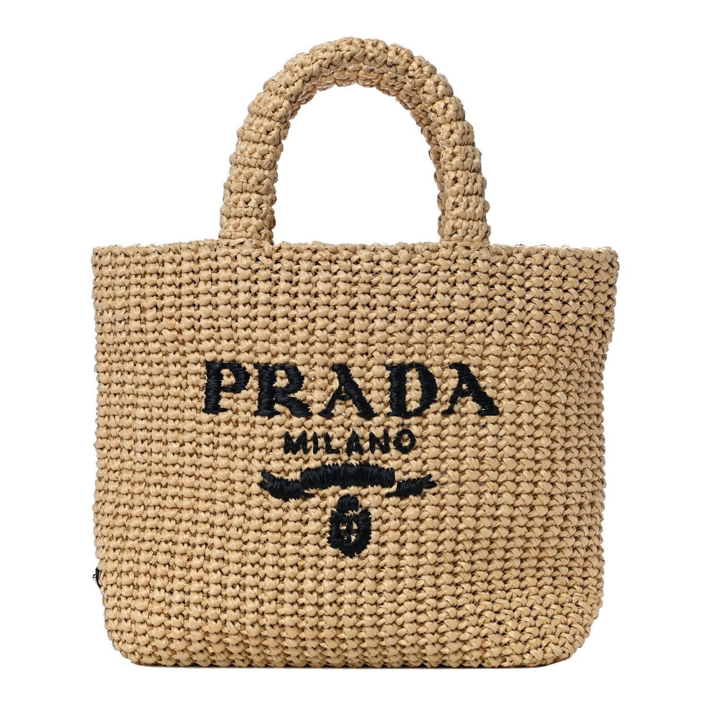 Yarn Raffia Effect Crochet Embroidered Small Logo Tote Naturale