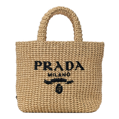 Prada Yarn Raffia Effect Crochet Embroidered Small Logo Tote Naturale 1 of 9