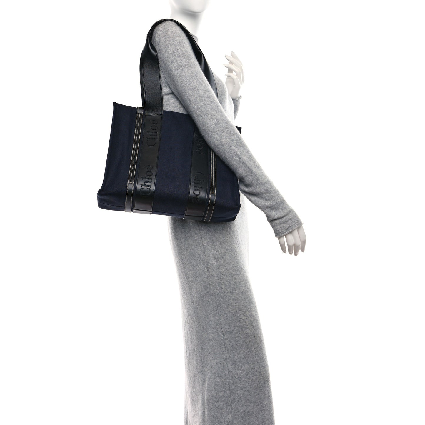 Calfskin Linen Medium Woody Tote Deep Denim