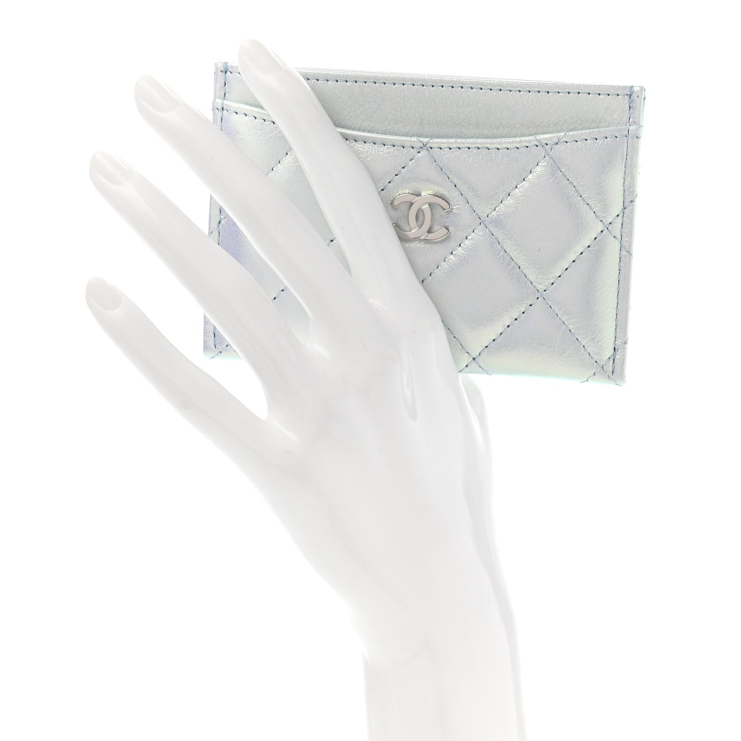 Iridescent Calfskin Quilted Card Holder Light Blue