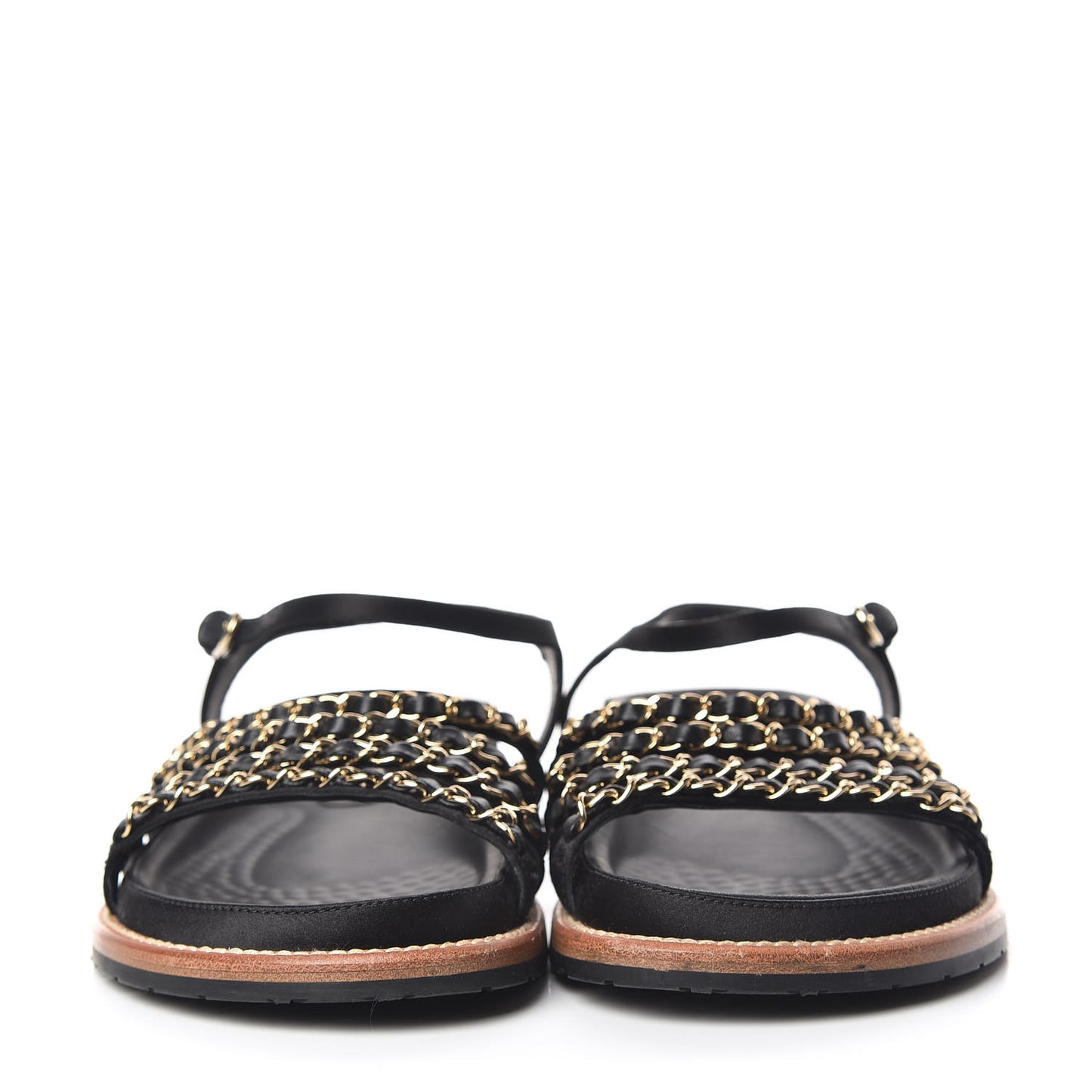 Satin Lambskin Chain Flat Sandals 37.5 Black