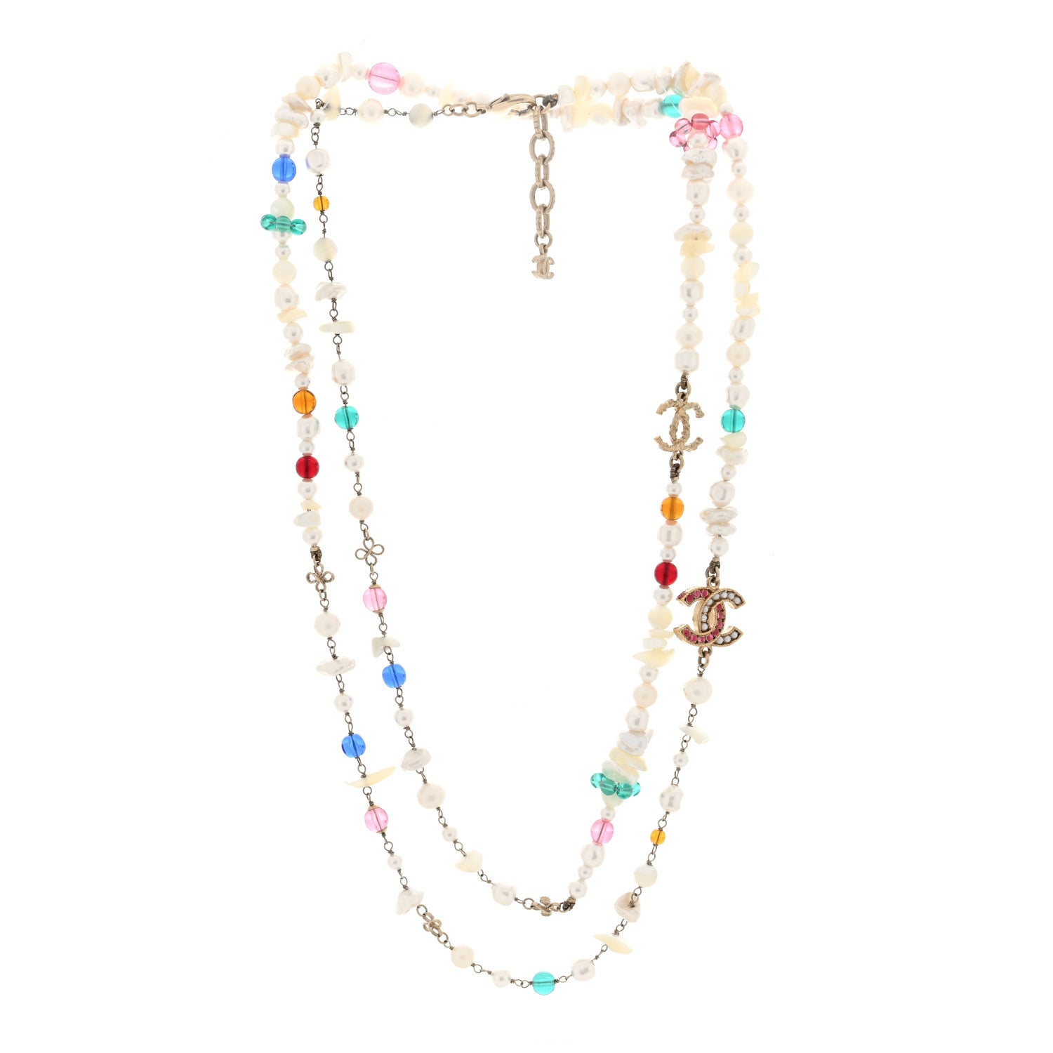 Chanel Pearl Crystal CC Long Strand Necklace Gold Multicolor 2 of 5