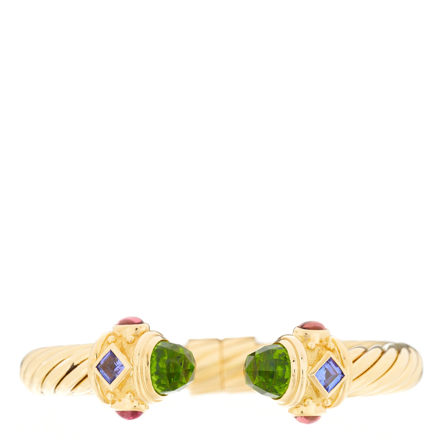 18K Yellow Gold Peridot Tanzanite Pink Tourmaline 10mm Renaissance Cable Bracelet