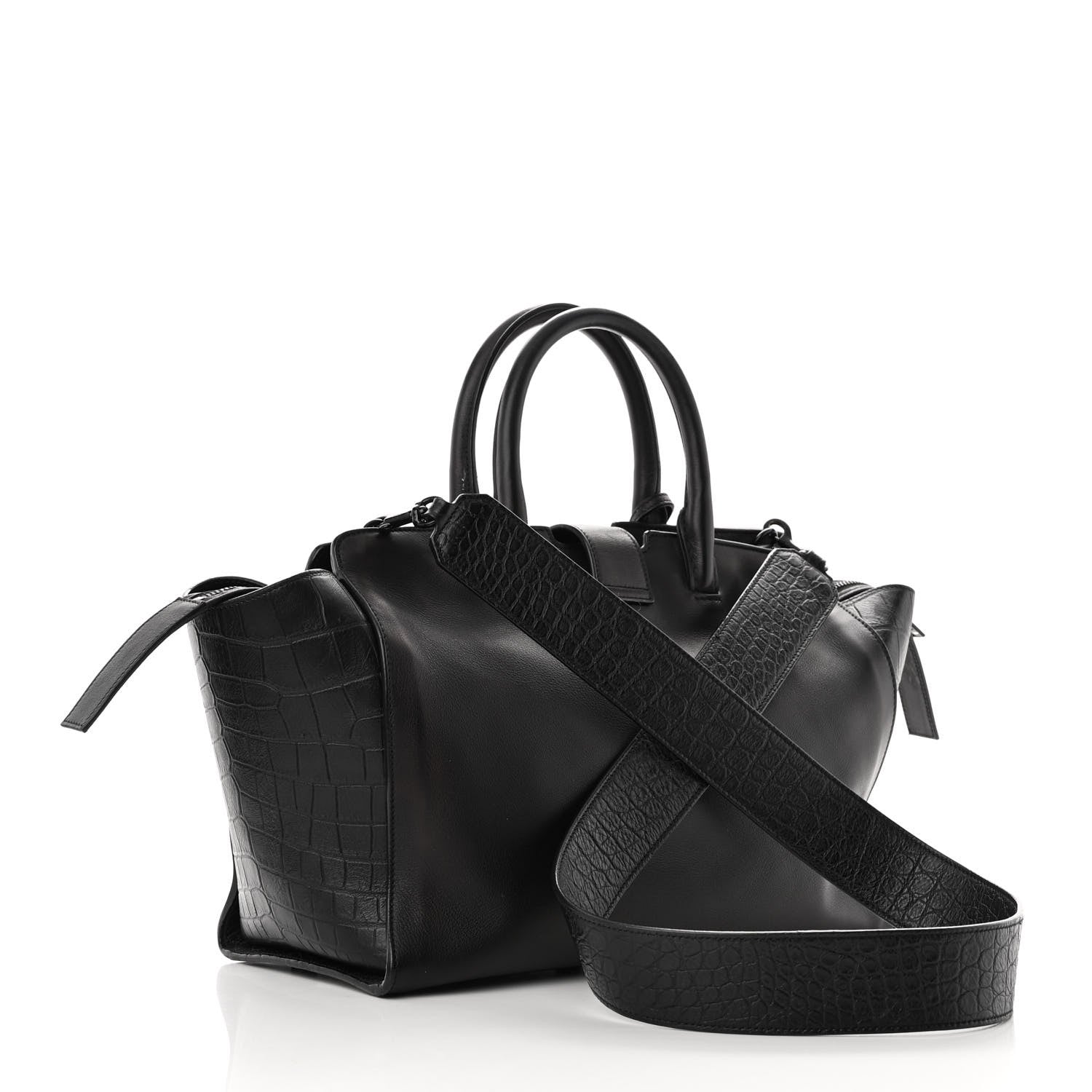 Saint Laurent Smooth Calfskin Crocodile Embossed Small Monogram Downtown Cabas Black 3 of 10