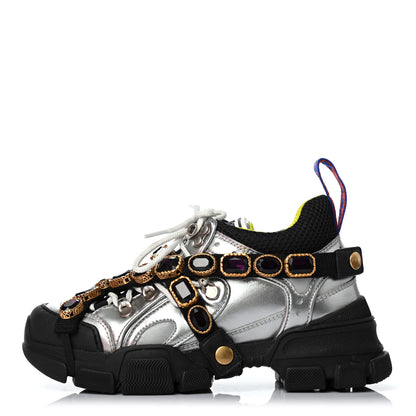 Gucci X SEGA Metallic Calfskin Mesh Removable Crystals Womens Flashtrek Sneakers 35 Silver Black 1 of 4