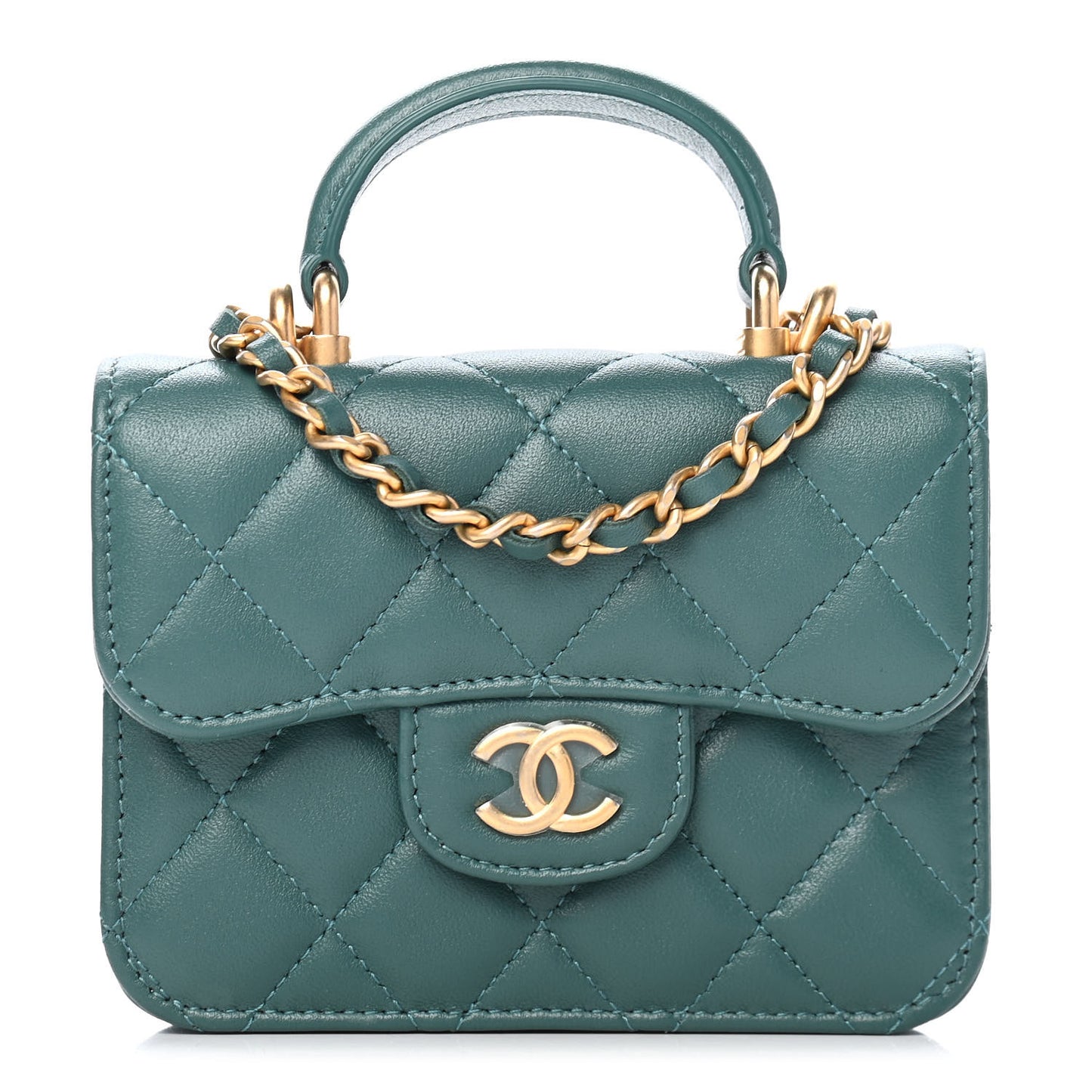 Lambskin Quilted Top Handle Flap Coin Purse With Chain Green