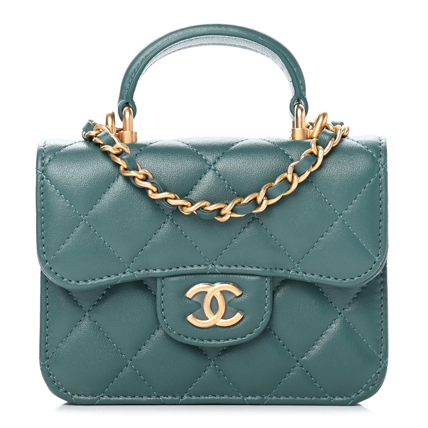 Chanel Lambskin Quilted Top Handle Flap Coin Purse With Chain Green 1 of 11