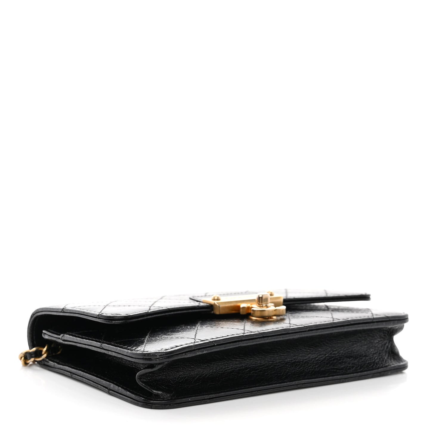 Aged Glazed Calfskin Stitched Golden Class CC Wallet on Chain WOC Black