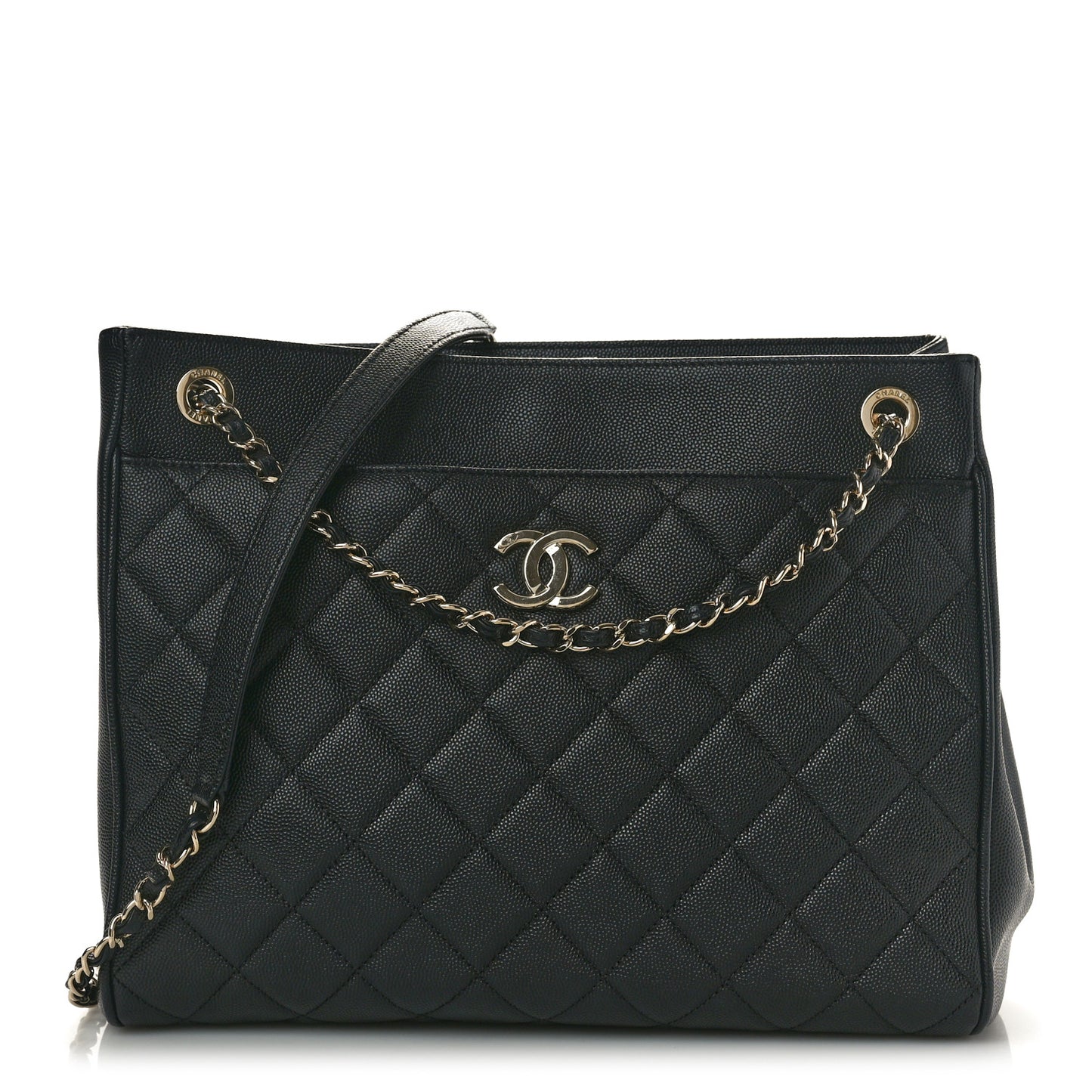 Caviar Quilted In Out Flap Shopping Tote Black