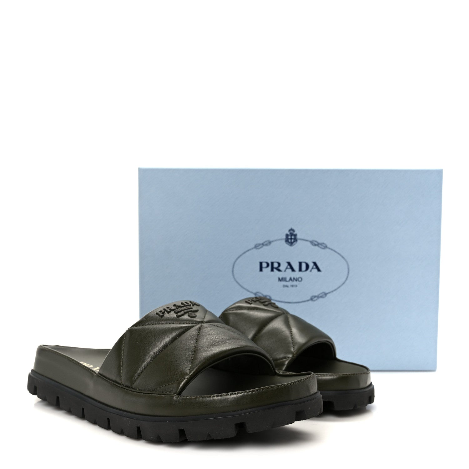 Prada Nappa Logo Quilted Slide Sandals 39 Militaire 10 of 10