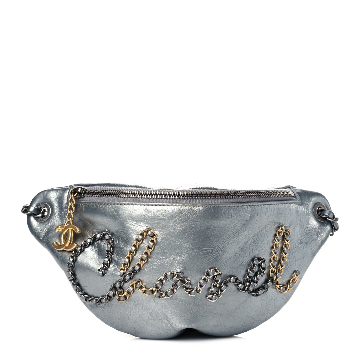 Metallic Crumpled Calfskin Chain 20s Signe Waist Bag Silver