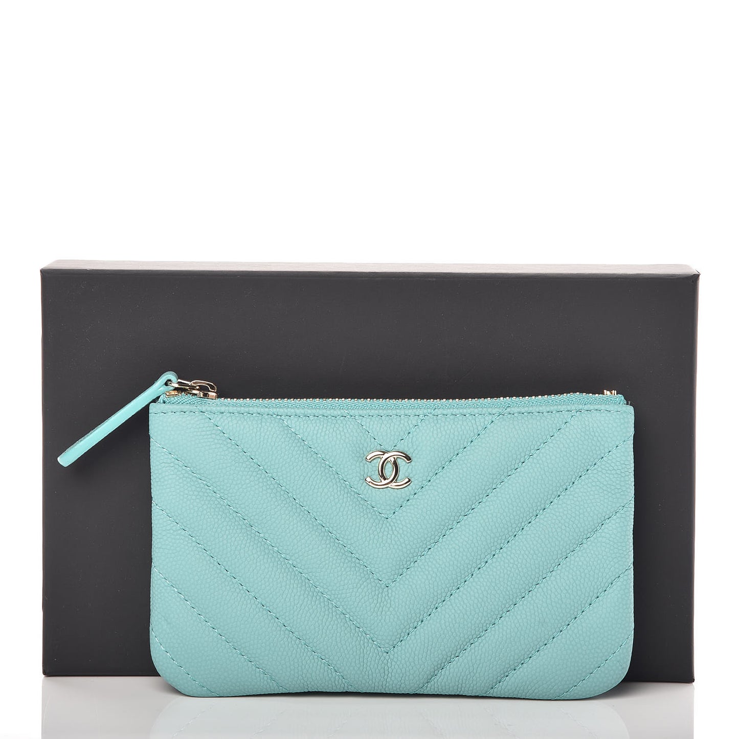 Caviar Chevron Quilted Small Cosmetic Case Light Blue