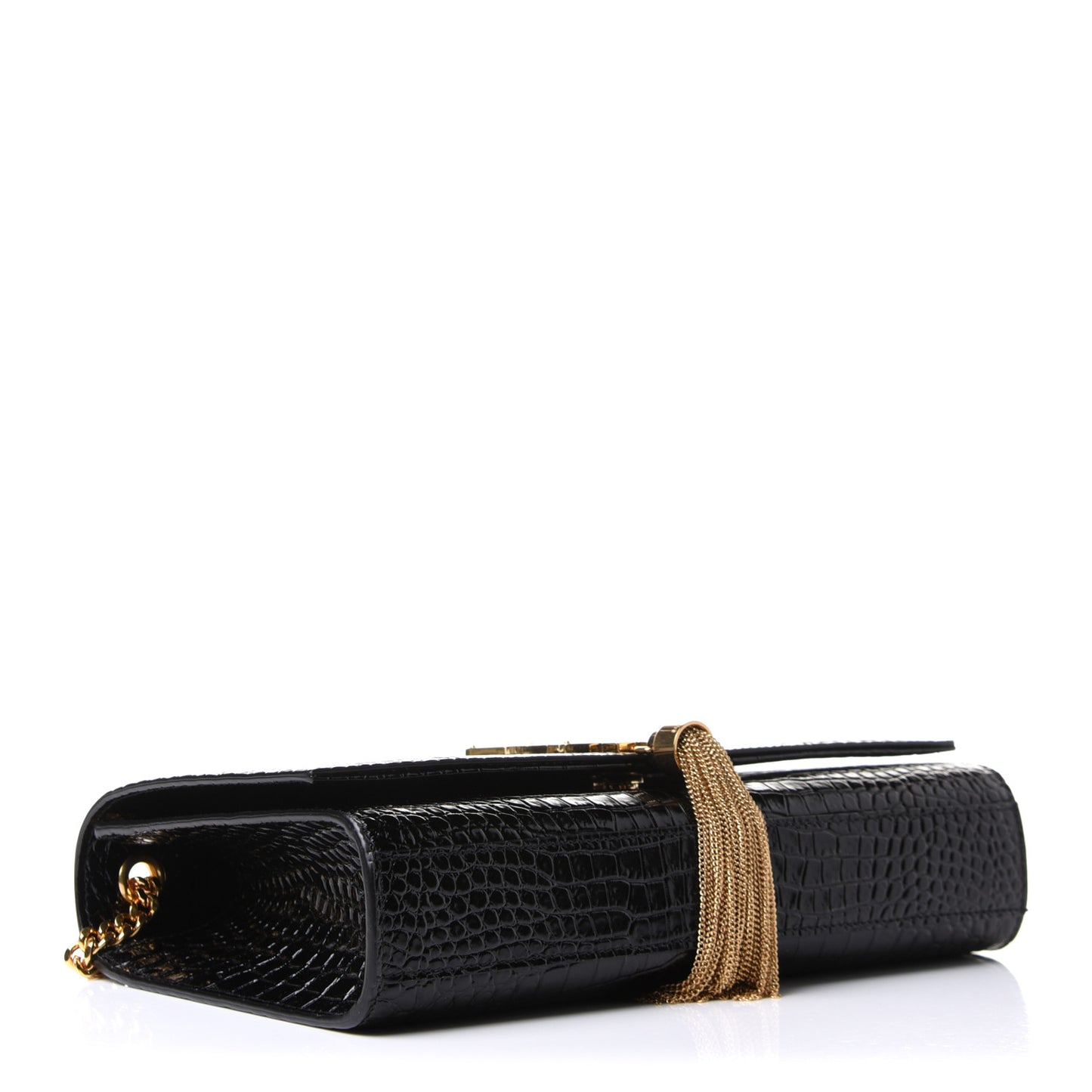 Calfskin Crocodile Embossed Medium Classic Monogram Kate Tassel Satchel Black