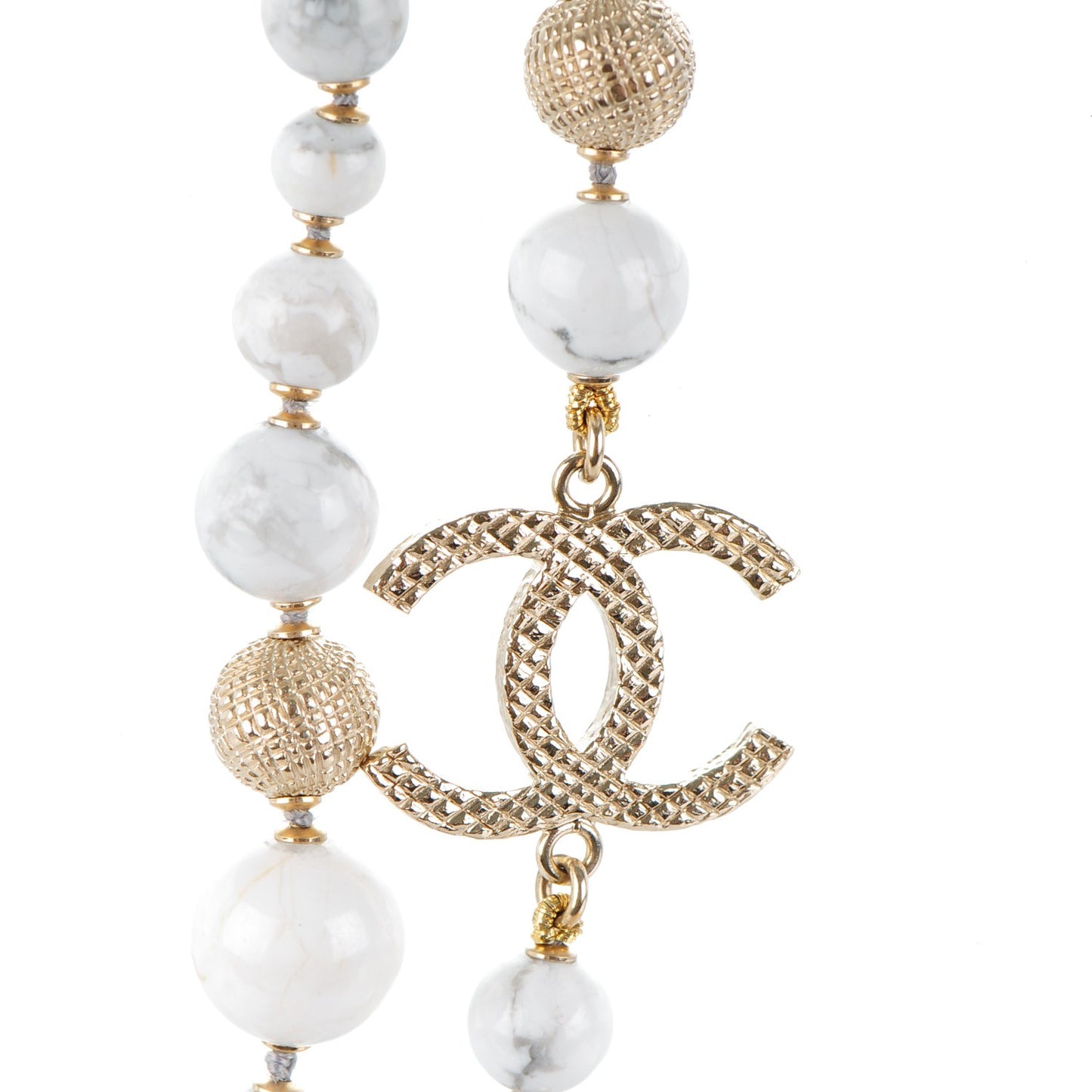 Marble Bead CC Long Necklace Gold White
