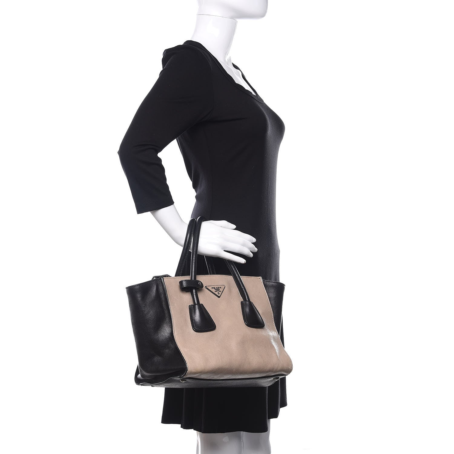 Prada Glace Calf Bi-Color Twin Pocket Tote Pomice Black 2 of 10