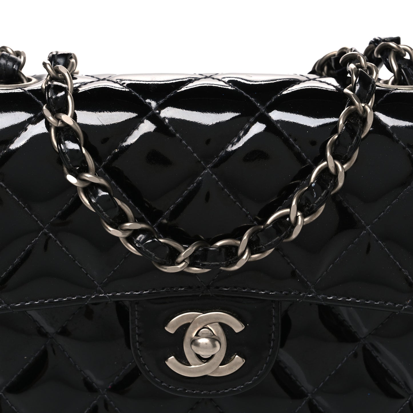Patent Calfskin Quilted Mini Square Flap Black