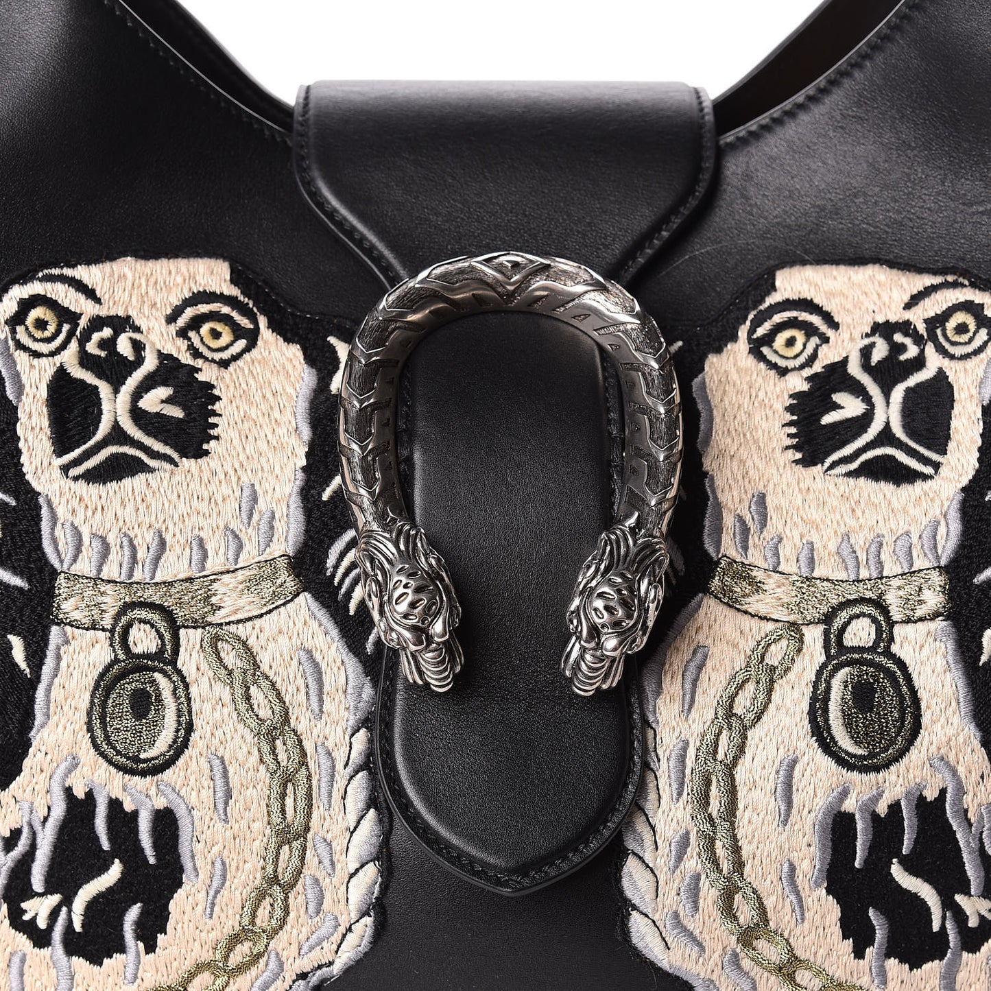 Calfskin Dog Embroidered Extra Large Dionysus Hobo Black
