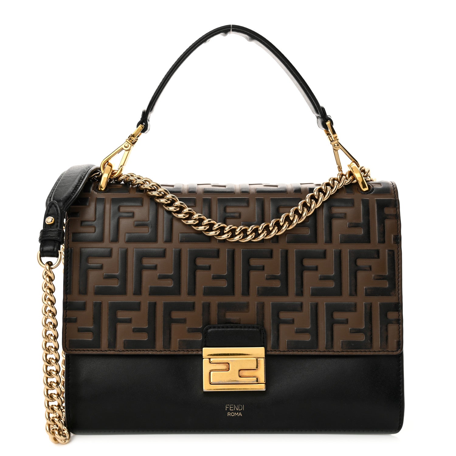 Fendi Vitello Liberty Bi-Color FF 1974 Embossed Chain Strap Kan U Shoulder Bag Black Maya 1 of 18