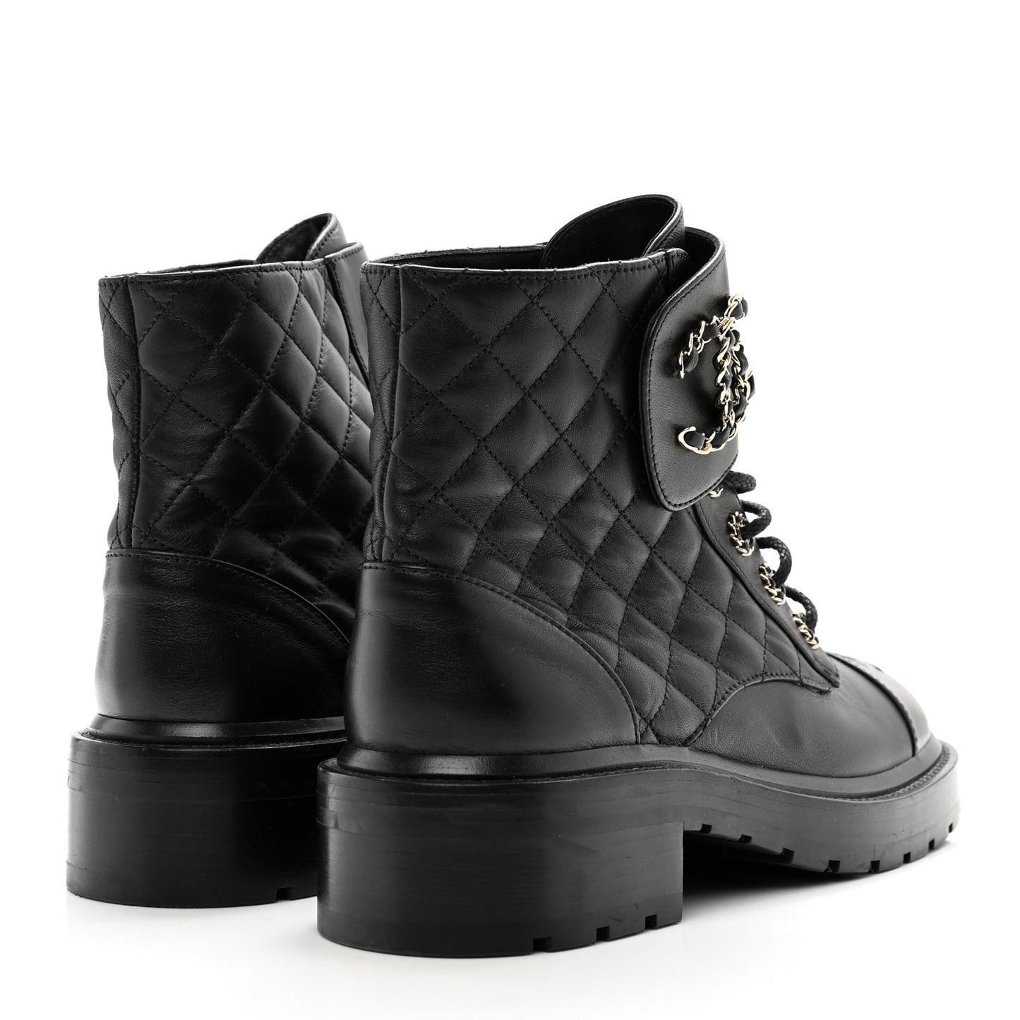 Shiny Lambskin Quilted Lace Up Combat Boots 39 Black