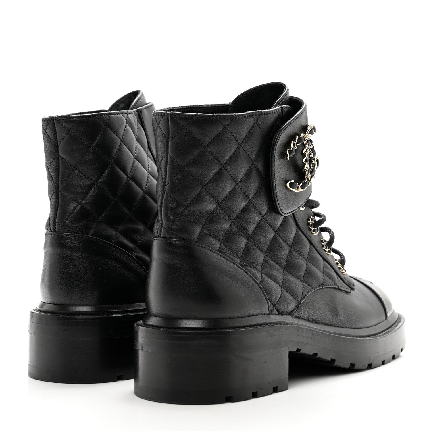 Chanel Shiny Lambskin Quilted Lace Up Combat Boots 39 Black 4 of 10