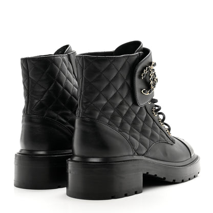 Chanel Shiny Lambskin Quilted Lace Up Combat Boots 39 Black 4 of 10