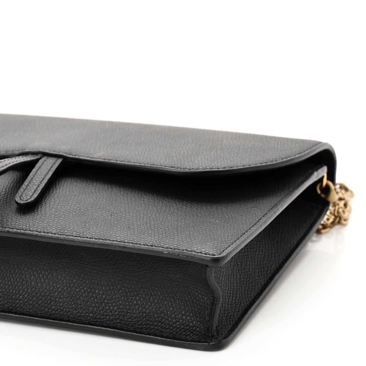 Grained Calfskin Saddle Chain Wallet Pouch Black