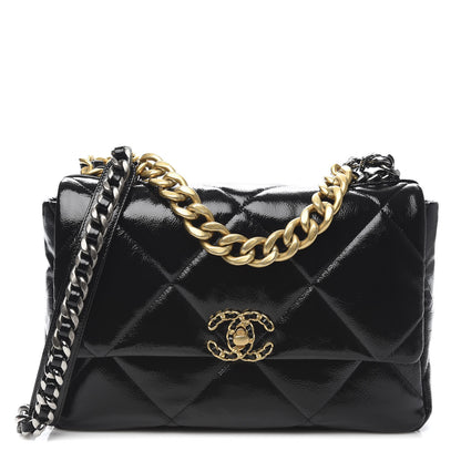 Chanel Shiny Crumpled Calfskin Quilted Large 19 Flap Black 1 of 10