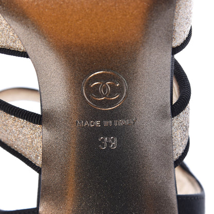 Chanel Sequin Grosgrain Logo Sandals 39 Black Gold 7 of 8