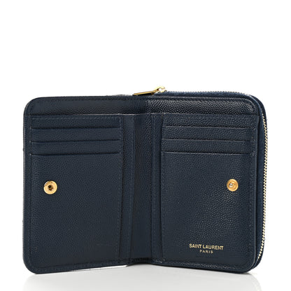Saint Laurent Grain De Poudre Matelasse Chevron Monogram Compact Zip Around Wallet Deep Marine 5 of 6