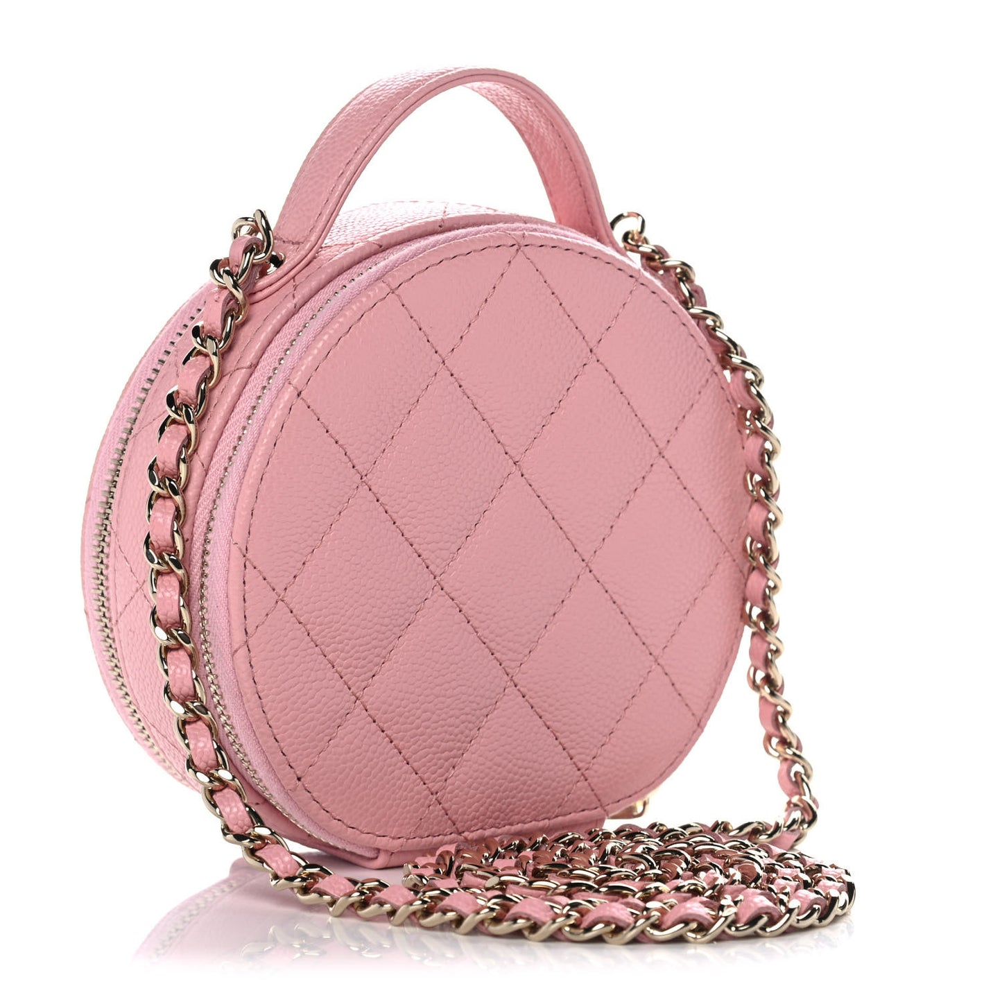 Caviar Quilted Round Handle With Care Vanity With Chain Pink