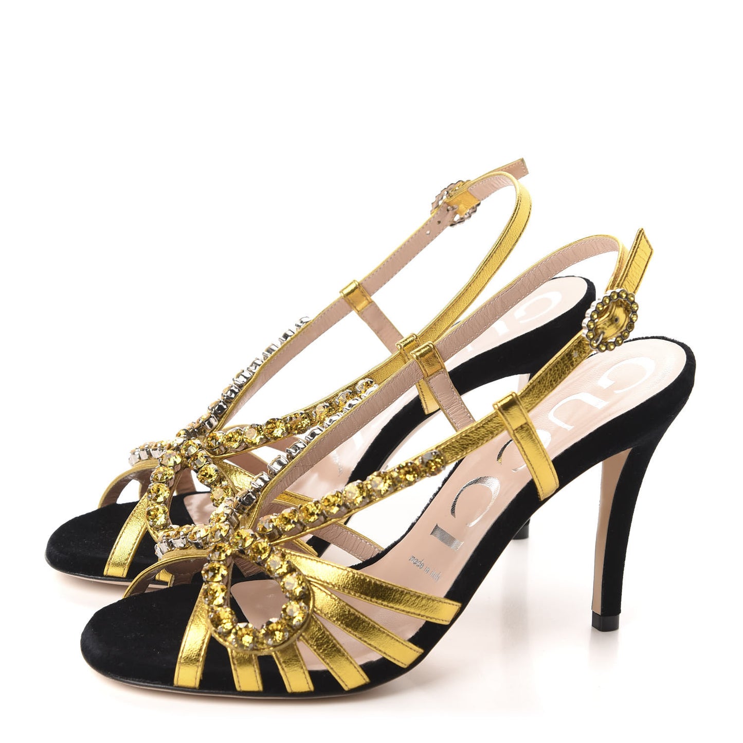 Velvet Nappa Crystal Zephyra Slingback High Heel Sandals 36.5 Black Gold