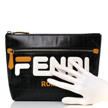 Fendi X FILA Glazed Fabric Vitello Century FF 1974 Mania Pouch Mogano Panna White Black 2 of 13