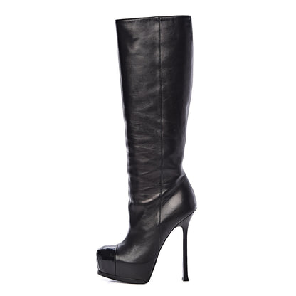Saint Laurent Nappa Vernice Cap Toe Platform Knee High Boots 37 Black 1 of 12