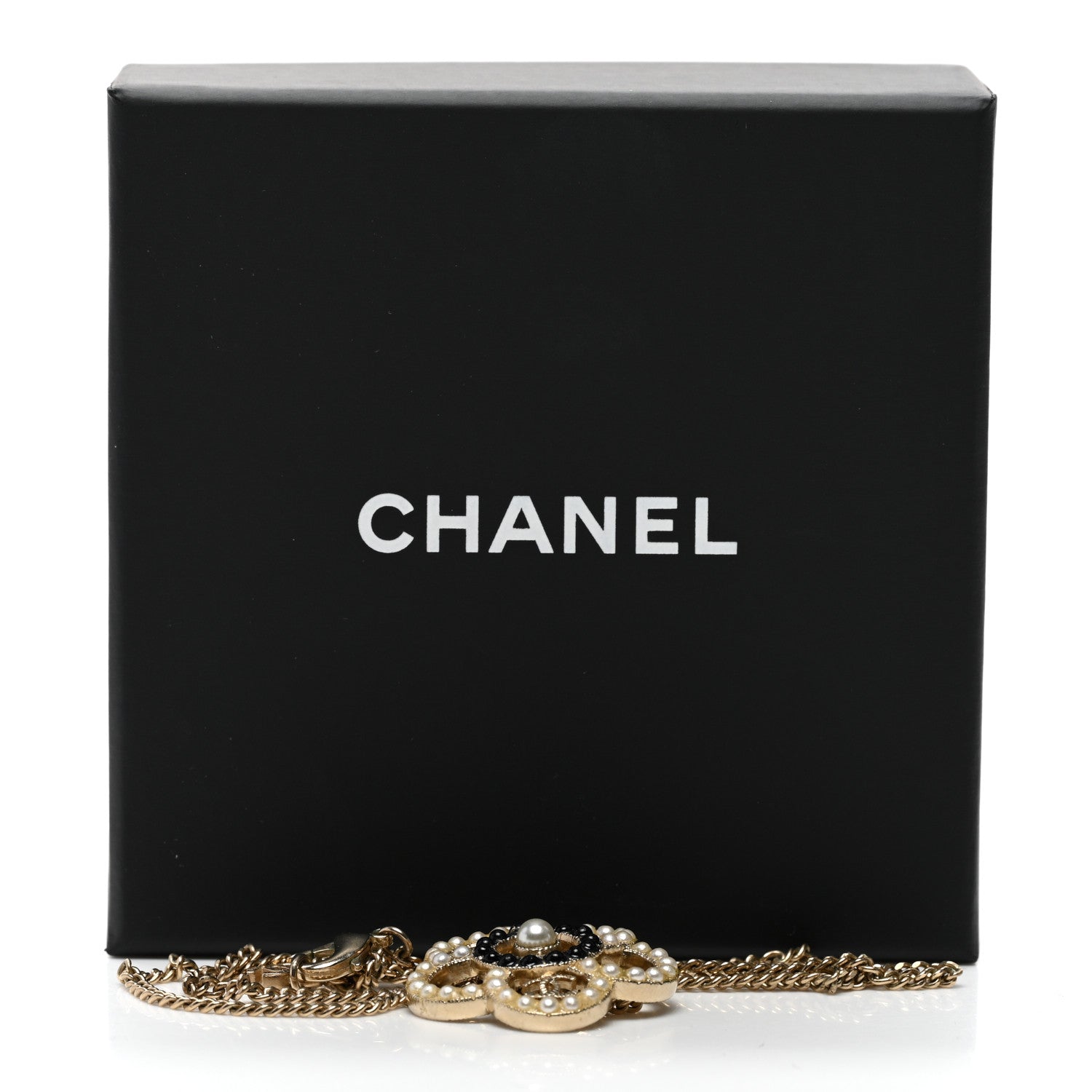 Chanel Crystal Pearl Camellia Necklace Gold Black 6 of 6