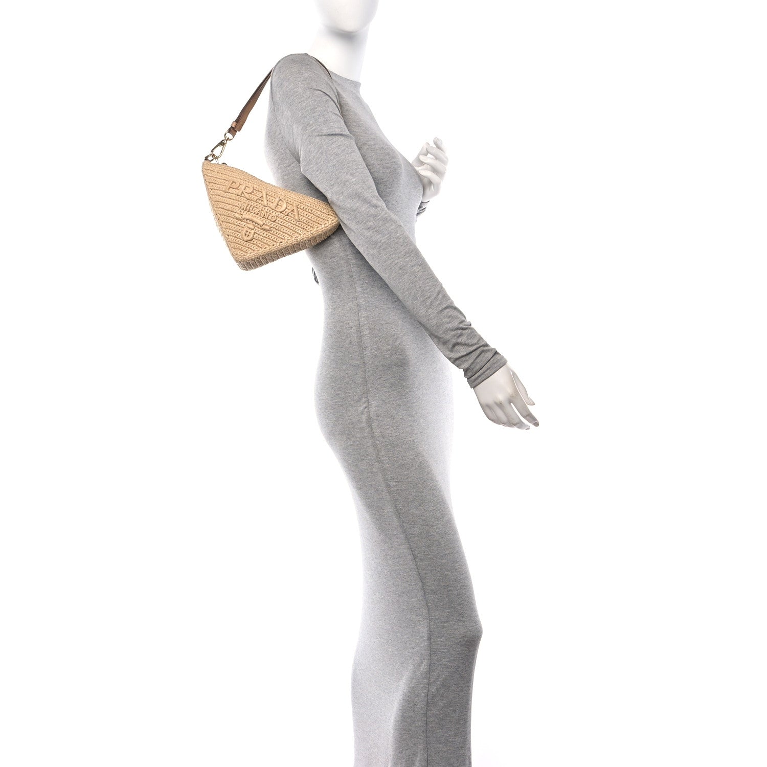 Prada Raffia Effect Crochet Metal Triangle Logo Mini Triangle Shoulder Bag Naturale 2 of 15