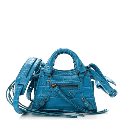 Balenciaga Extra Supple Calfskin Crocodile Embossed Neo Classic Silver Hardware Super Nano City Crossbody Cyan 1 of 10
