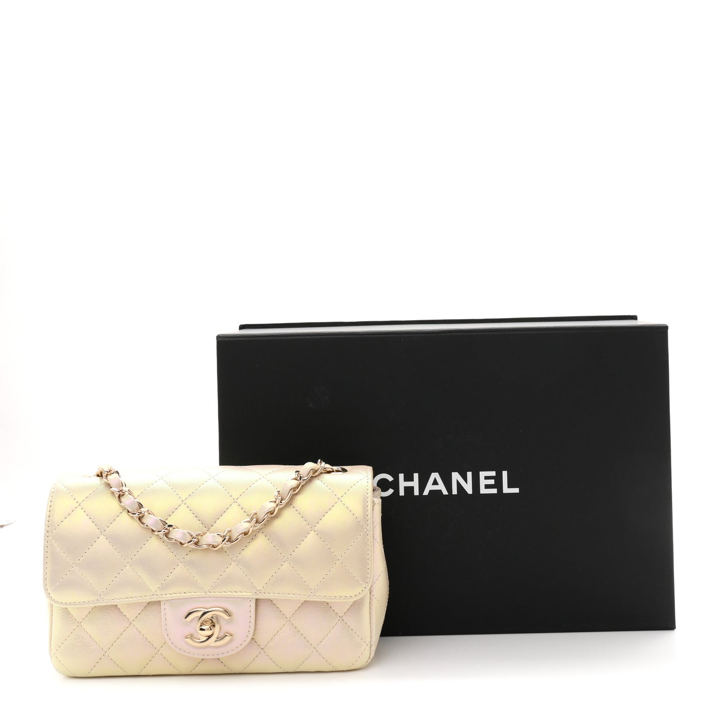 Iridescent Lambskin Quilted Mini Rectangular Flap Ivory