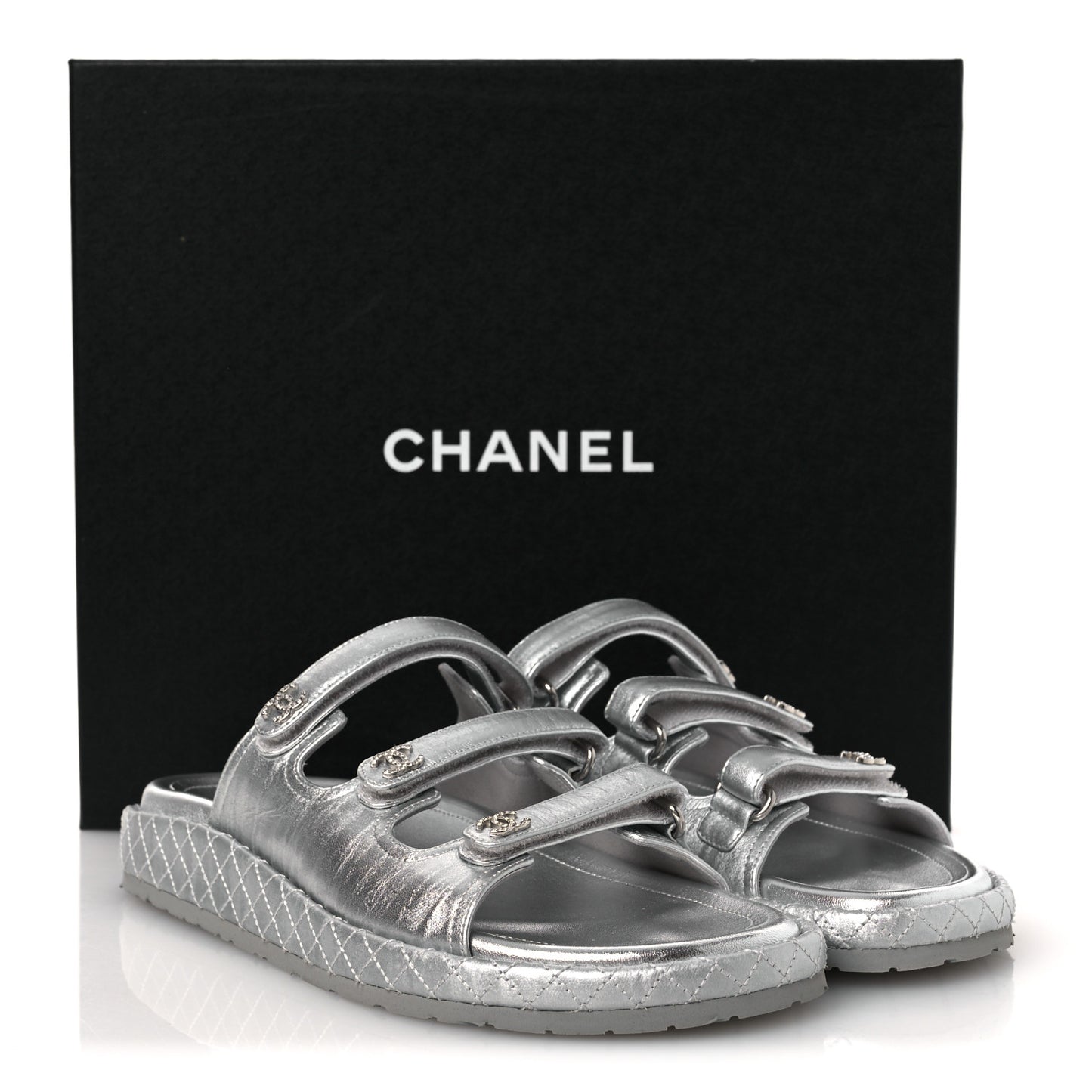 Laminated Lambskin Quilted Velcro Crystal CC Dad Slide Sandals Silver 37.5 Silver
