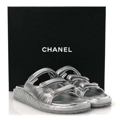 Chanel Laminated Lambskin Quilted Velcro Crystal CC Dad Slide Sandals Silver 37.5 Silver 11 of 11