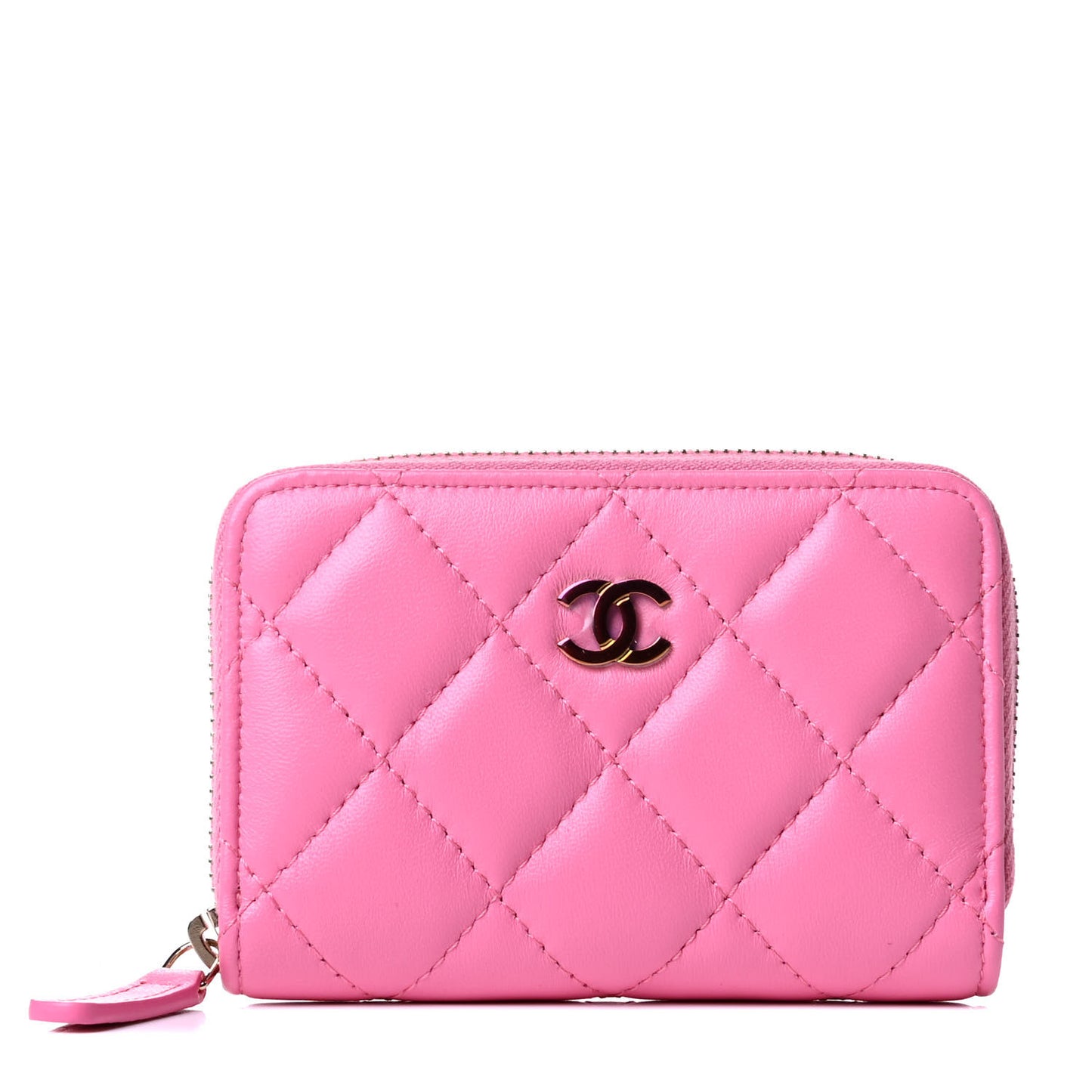 Lambskin Quilted Zip Around Coin Purse Wallet Pink Yellow
