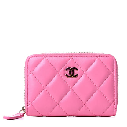 Chanel Lambskin Quilted Zip Around Coin Purse Wallet Pink Yellow 2 of 8