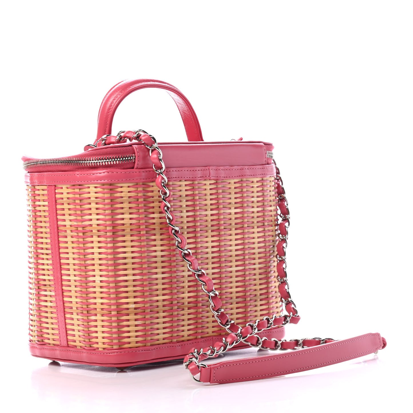 Glazed Calfskin Raffia Vanity Case Bag Pink