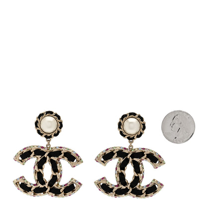 Chanel Pearl Lambskin Crystal Chain CC Drop Earrings Black Gold Multicolor 2 of 5