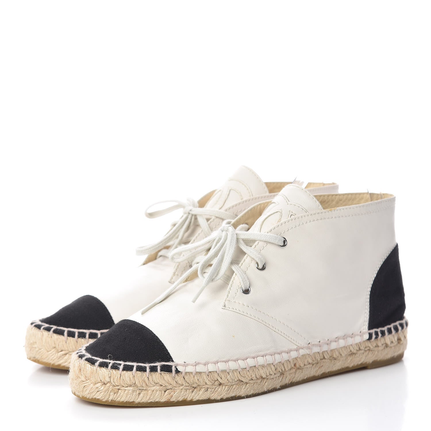 Chanel Lambskin Canvas Cap Toe Lace Up Espadrilles 38 White Black 3 of 12